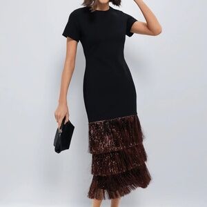 HYACINTH HOUSE  Black & Bronze Metallic Fringe Francie Short Sleeve Maxi Dress